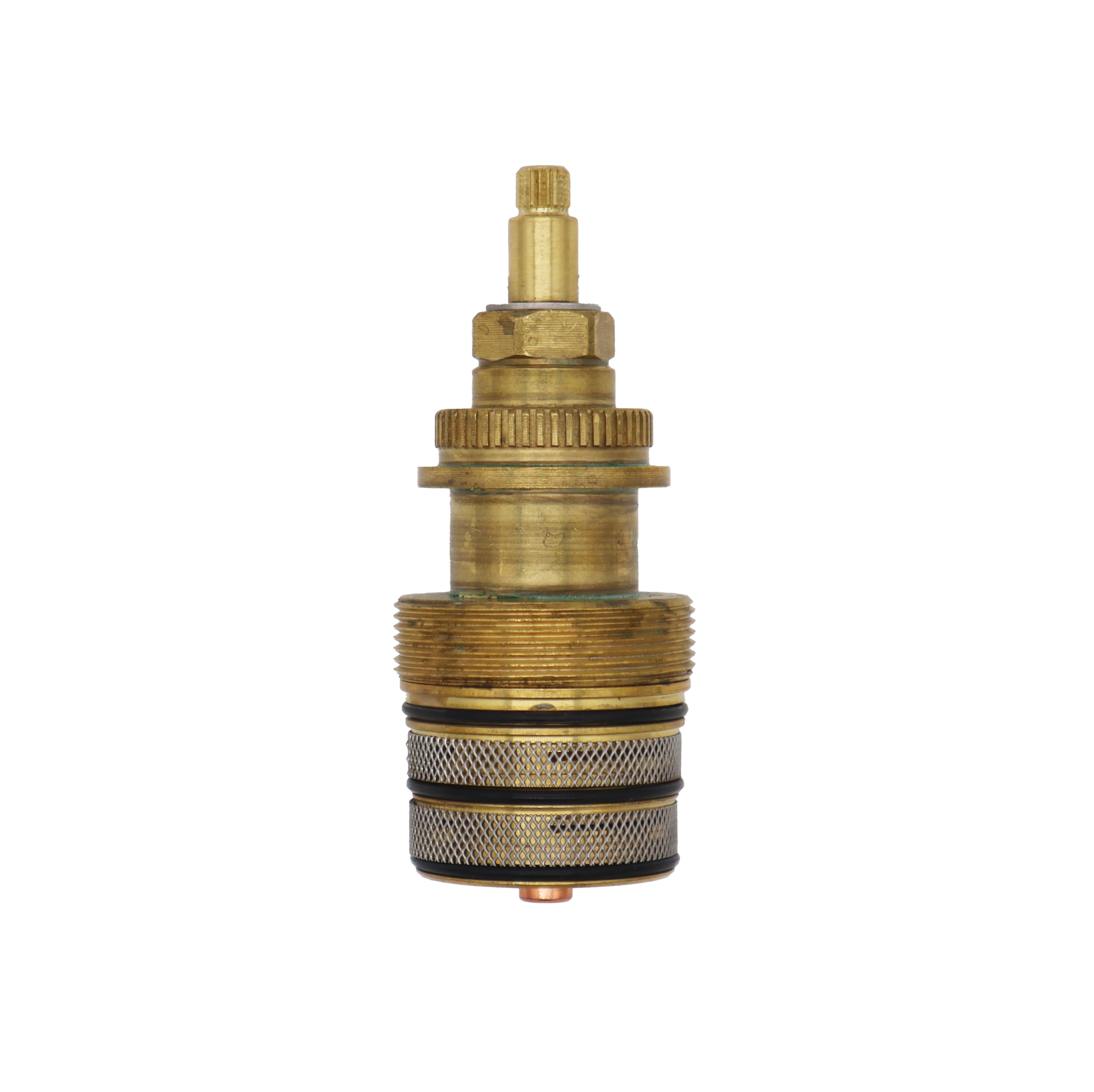 Bright brass cartridge with metal c clip black rubber o-rings stainless screen and copper thermo.
