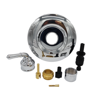 Polished chrome escutcheon handle and sleeve with brass bonnet and extension with black plastic cartridge.
