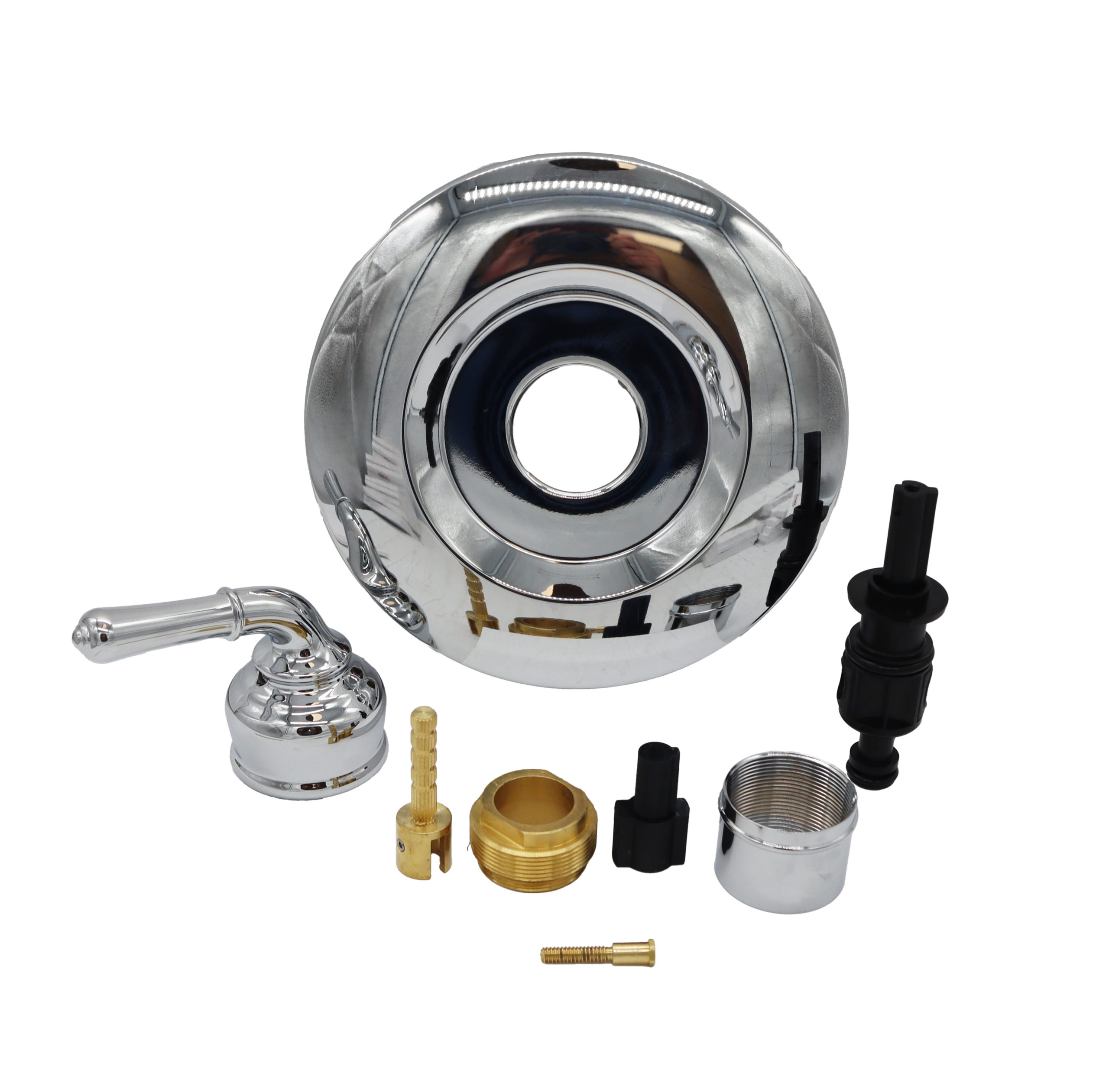 Polished chrome escutcheon handle and sleeve with brass bonnet and extension with black plastic cartridge.
