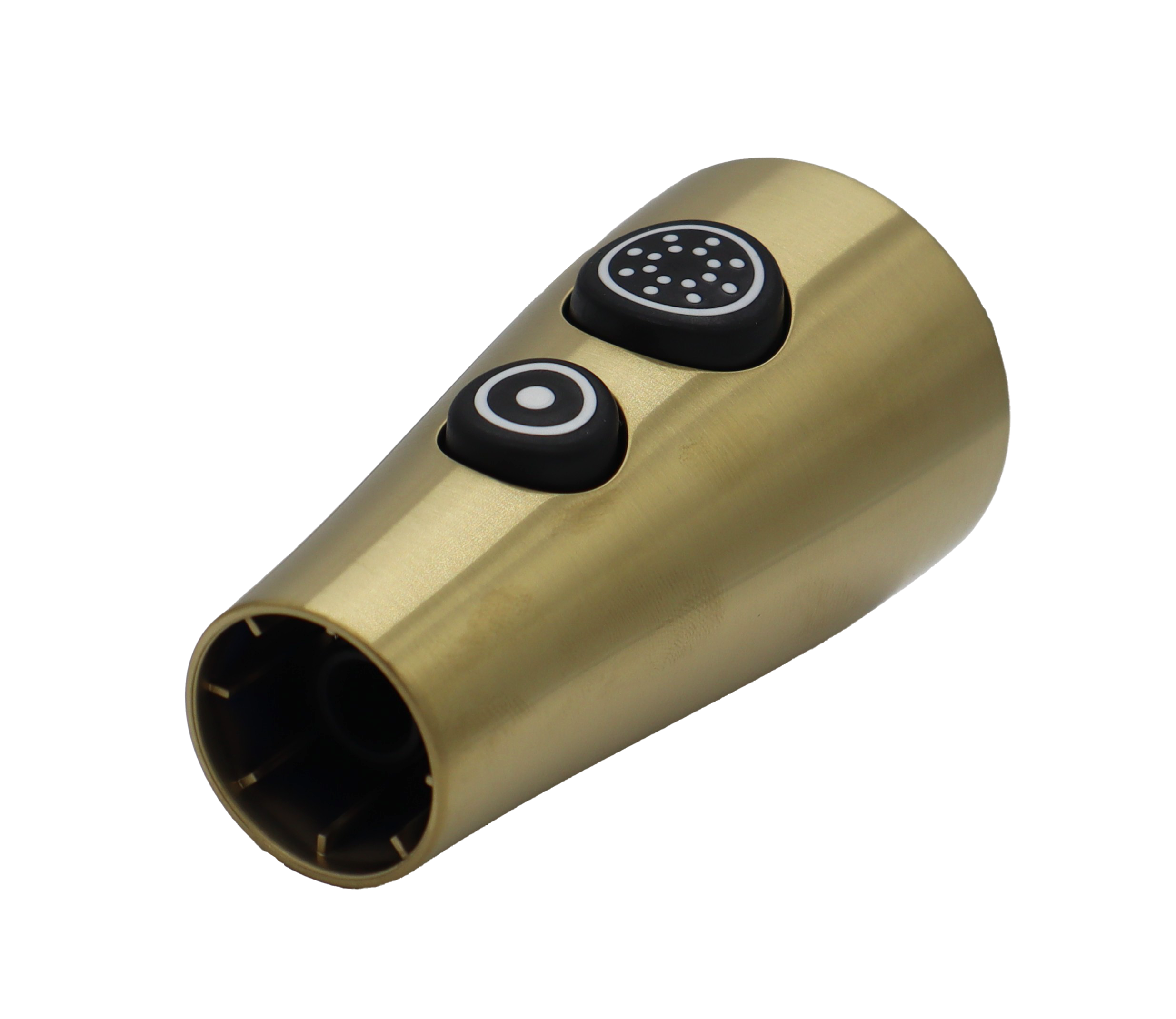 Brushed gold sprayhead with black rubber buttons grey and black spray face with gold trimmed aerator.