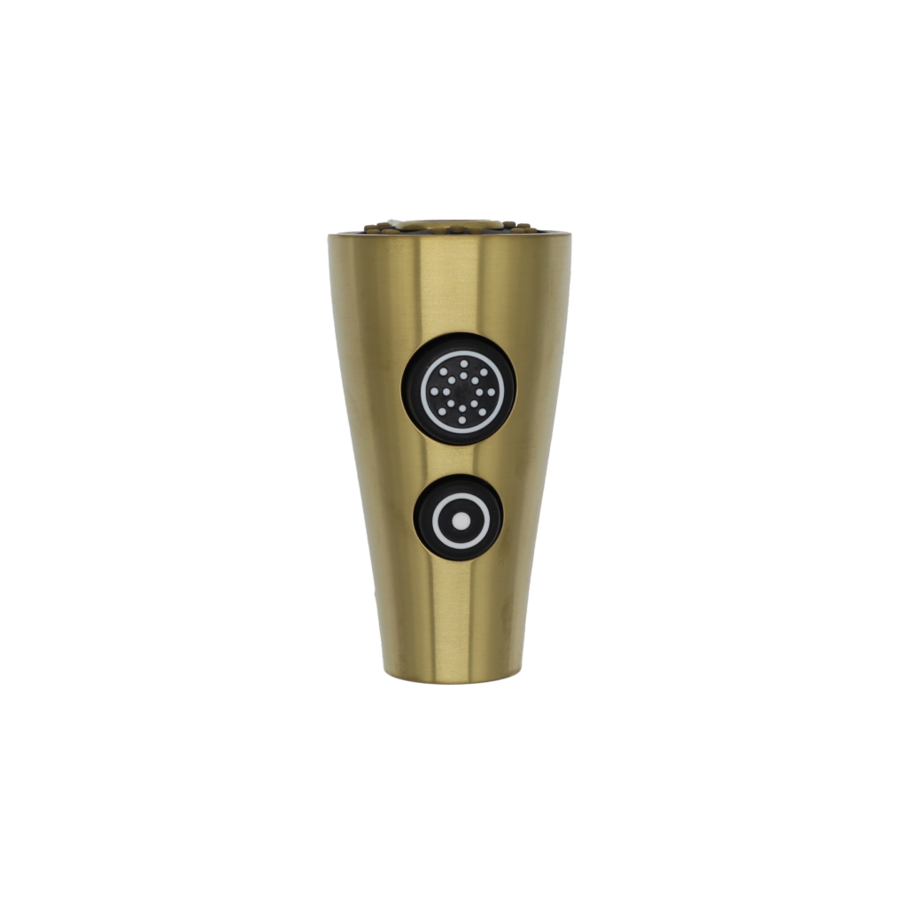 Brushed gold sprayhead with black rubber buttons grey and black spray face with gold trimmed aerator.