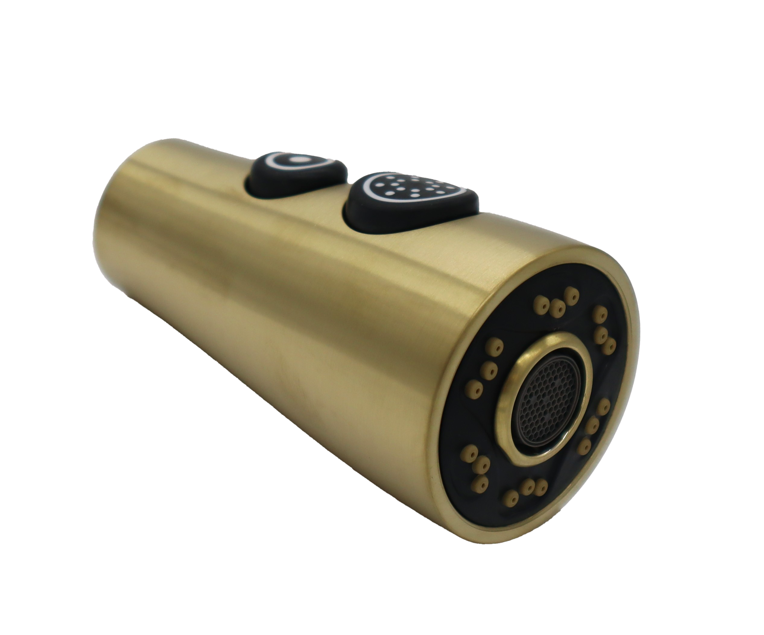 Brushed gold sprayhead with black rubber buttons grey and black spray face with gold trimmed aerator.