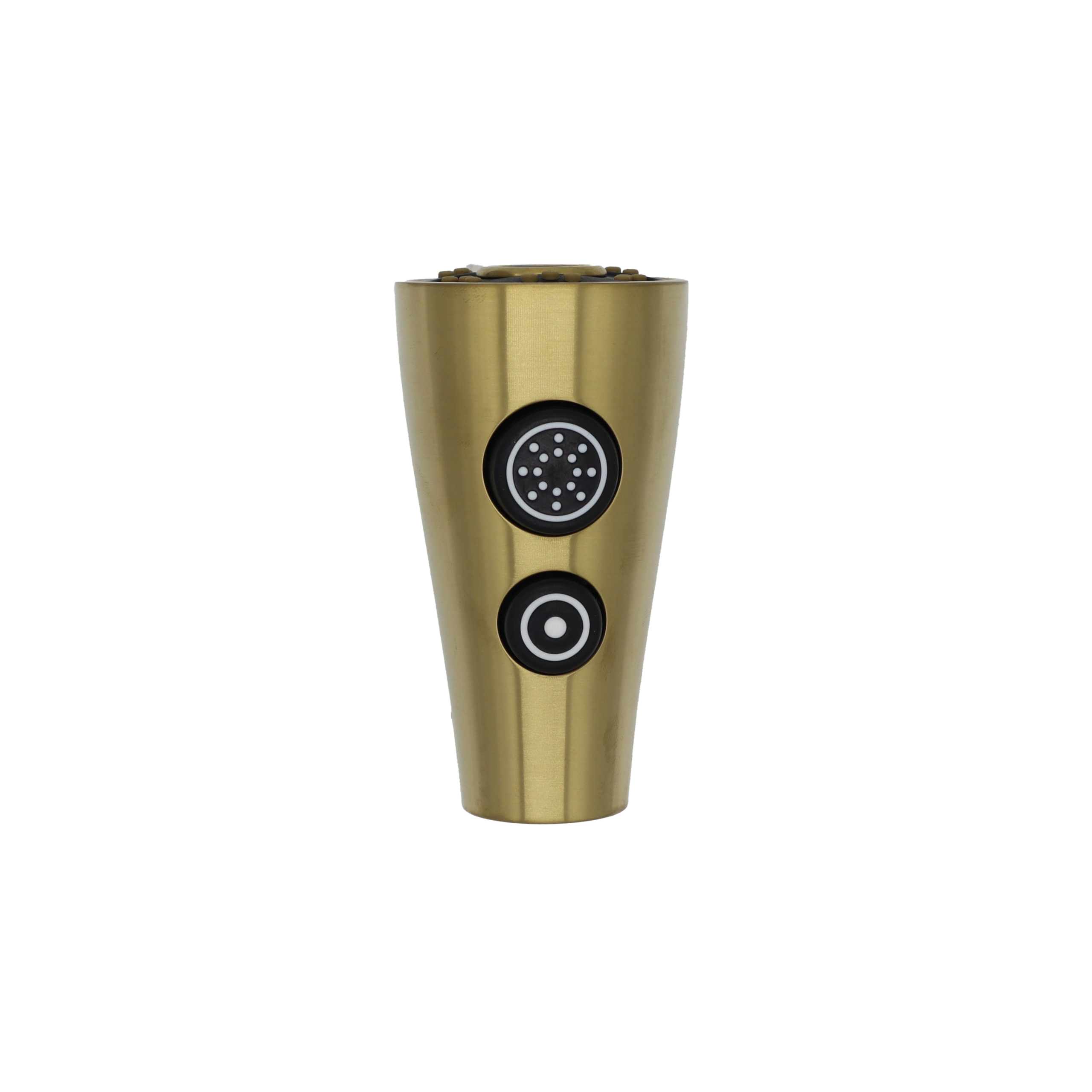Brushed gold sprayhead with black rubber buttons grey and black spray face with gold trimmed aerator.