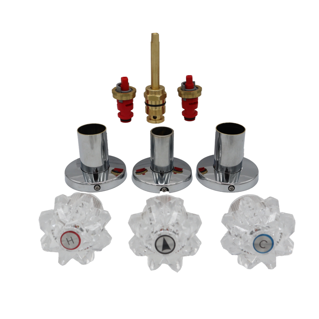 Clear acrylic handles polished chrome escutcheons with bright brass diverter and red plastic cartridges.
