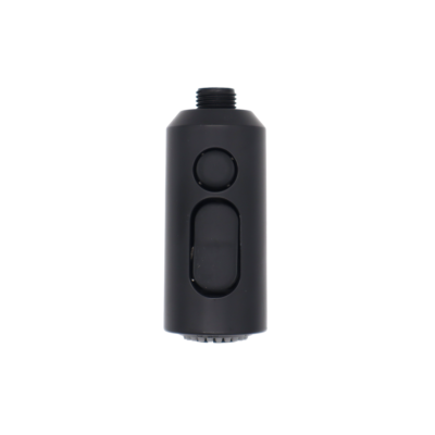 Black ABS sprayhead with black rubber buttons black plastic hose connection and grey rubber face.