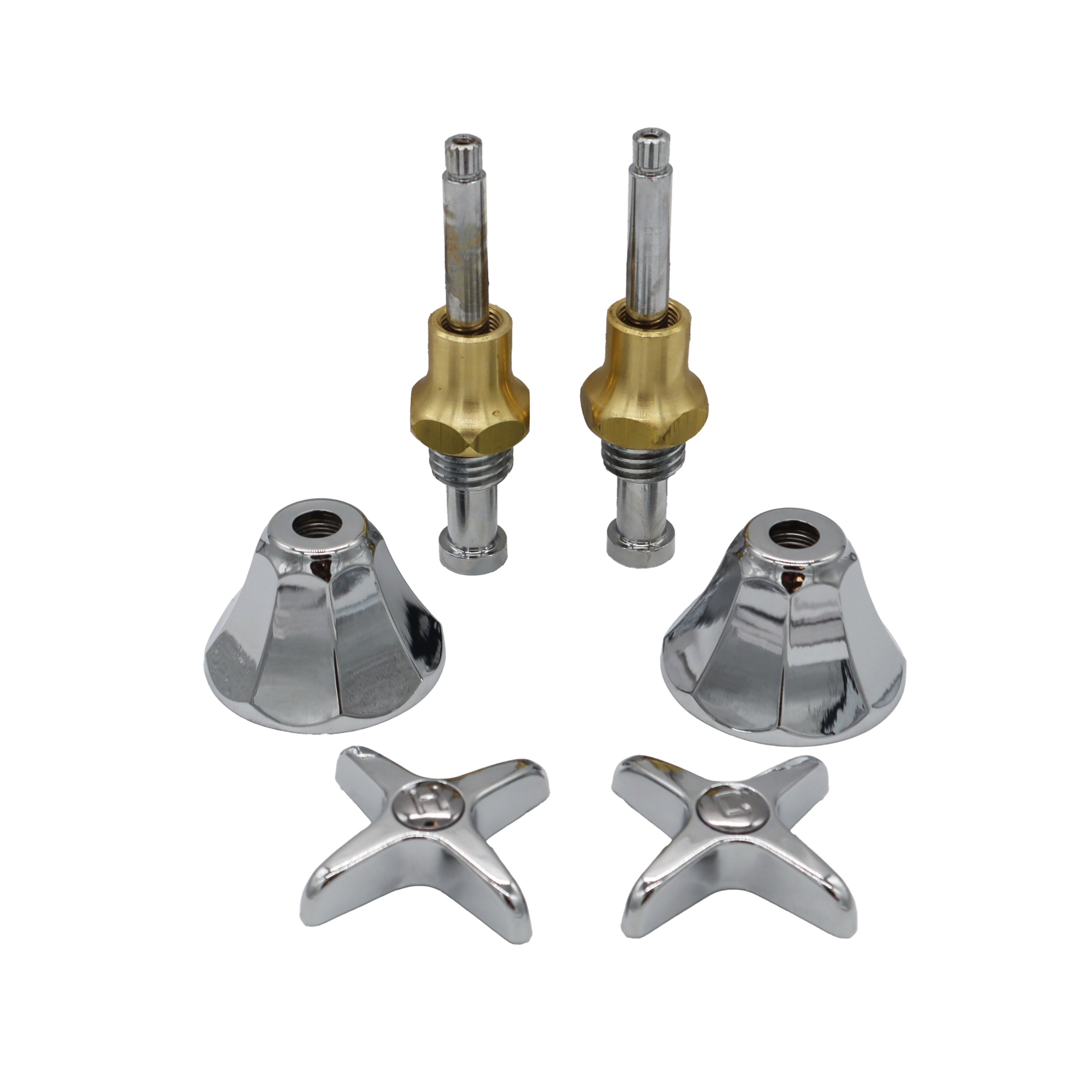 Polished chrome handles stems escutcheons with brass bonnet nuts and screws.