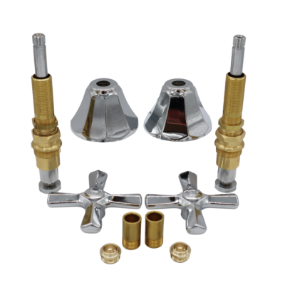 Polished chrome handles stems and escutcheons with brass bodies and faucet seats.