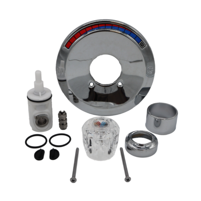 Polished chrome escutcheon sleeve screws and nut with plastic cartridge handle and black rubber seals and o-rings