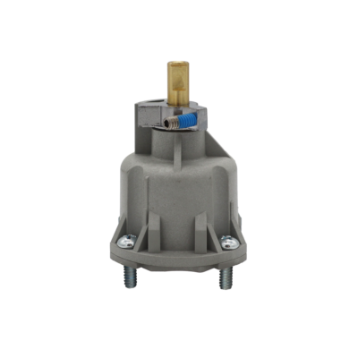 Grey plastic cartridge with brass stem metal limit stop black rubber seals and chrome screws.