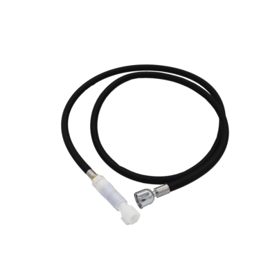 Black braided nylon hose with polished chrome sprayhead connection and white plastic quick connect.