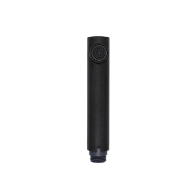Matte black spray head with grey threaded plastic hose connection and grey aerator.