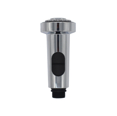 Polished chrome sprayhead with black plastic threaded hose connection and dual function black rubber button grey spray face.