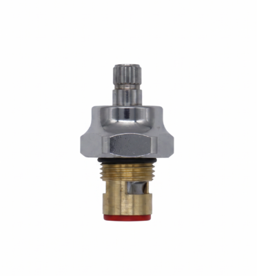 Bright brass cartridge with white ceramic discs red rubber seal black rubber o-ring and polished chrome stem and nut.