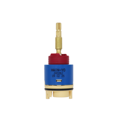 Bright brass stem with red limit stop blue plastic body with tan bottom and black o-ring with blue gasket.