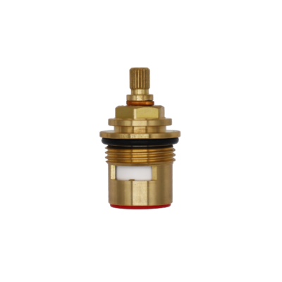 Bright brass cartridge with white ceramic discs black rubber o-ring and red rubber seal.