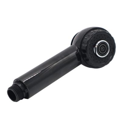 Black sprayhead with black plastic threaded hose connection and black and chrome aerator.