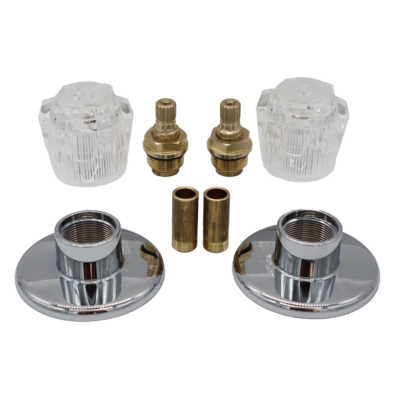 Bright brass stem and seats with polished chrome plastic escutcheons and acrylic handles.