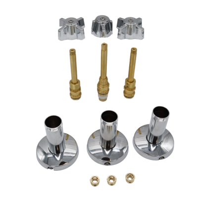 Polished chrome handles escutcheons and tubes with bright brass stems and faucet seats.