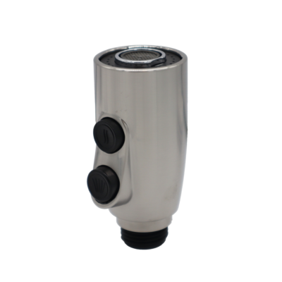 Stainless steel sprayhead with 2 black buttons black plastic hose connection and black spray face.