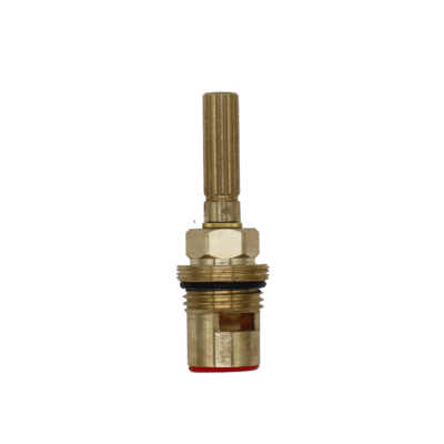 Bright brass cartridge with black rubber o-ring white ceramic discs and red rubber seal.