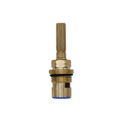 Bright brass cartridge with black rubber o-ring white ceramic discs and blue rubber seal.
