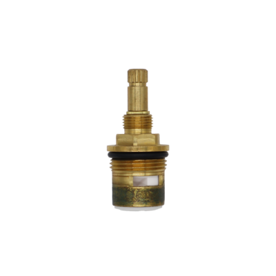 Bright brass cartridge with white ceramic discs black rubber o-ring and white rubber seal.