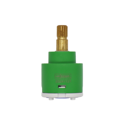 Green and grey plastic cartridge with brass stem and blue rubber seal.