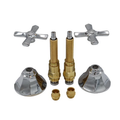 Polished chrome stems handles & escutcheons with bright brass body and faucet seats.
