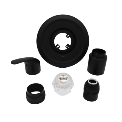 Matte black escutcheon sleeves lever handle and acrylic knob.