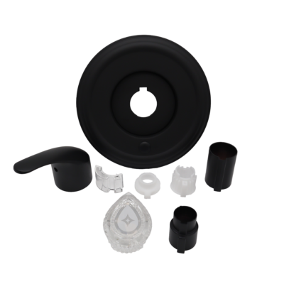 Matte black escutcheon sleeves lever handle and acrylic knob.