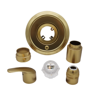 Matte gold escutcheon sleeve cap and nut with acrylic knob.