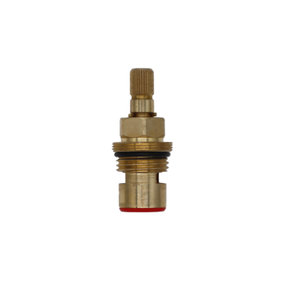 Bright brass cartridge body with white ceramic discs black rubber o-ring and red rubber seal.