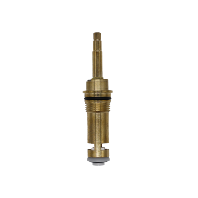 Bright brass cartridge with white ceramic discs black rubber o-ring and seal.