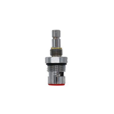 Polished chrome cartridge with white ceramic discs black rubber o-ring and red rubber seal.