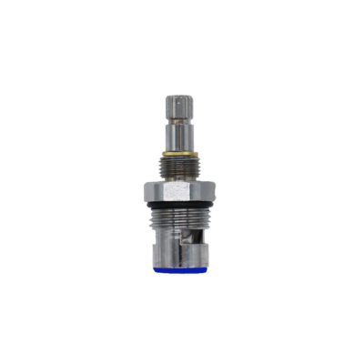 Polished chrome cartridge with white ceramic discs black rubber o-ring and blue rubber seal.