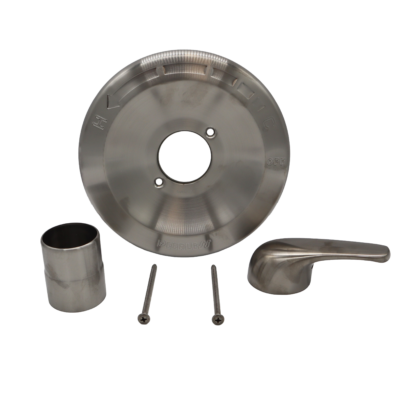 Brushed nickel escutcheon sleeve handle and screws.