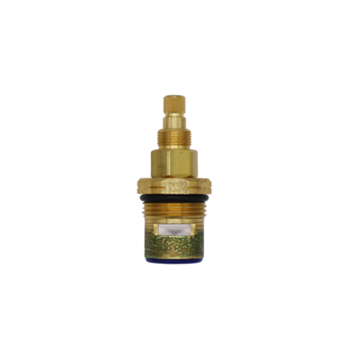 Bright brass cartridge with black rubber o-ring white ceramic discs and blue rubber washer.