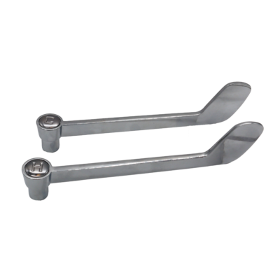 Polished chrome ADA wrist blade handles with index buttons and chrome screws.