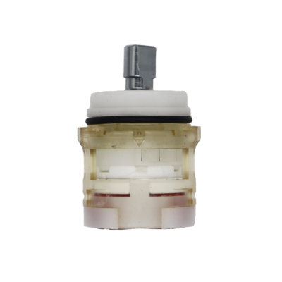 Clear plastic cartridge with white ceramic discs chrome stem black o-ring and red ruber seals.