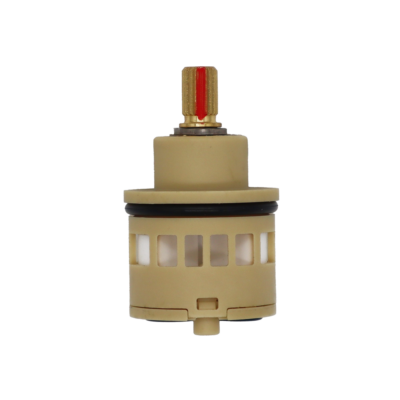 Tan plastic cartridge with bright brass stem metal clip black rubber o-ring white ceramic discs with black rubber seals.