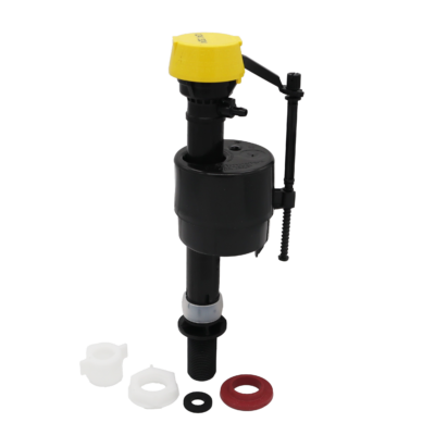 Black plastic fill valave with yellow cap white plastic nuts and black & red rubber washers.