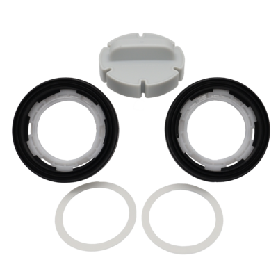 White plastic rings and caps with rubber washers.