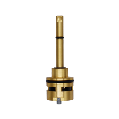 Bright brass body with metal clip black rubber o-rings white ceramic discs and white seal.