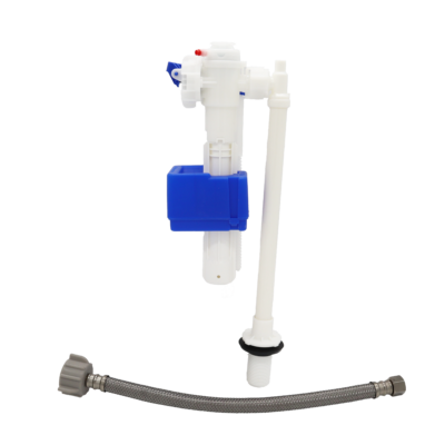White and blue plastic fill valve with balck rubber washer and stainless steel braided supply line.