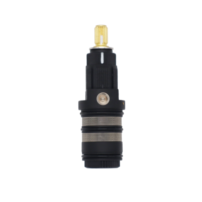 Black plastic body with brass stem stainless steel screen black rubber o-rings and copper thermo.