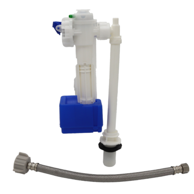 White and blue plastic fill valve with balck rubber washer and stainless steel braided supply line.