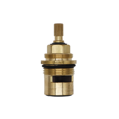 Bright brass cartridge with metal clip black rubber o-ring and seal with white ceramic discs.