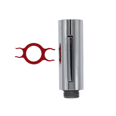 Polished chrome spray head with grey plastic threads and black sprayface with red aerator key.