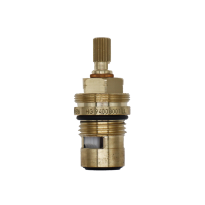 Bright brass cartridge with copper clip black rubber o-ring and seal with white ceramic discs.