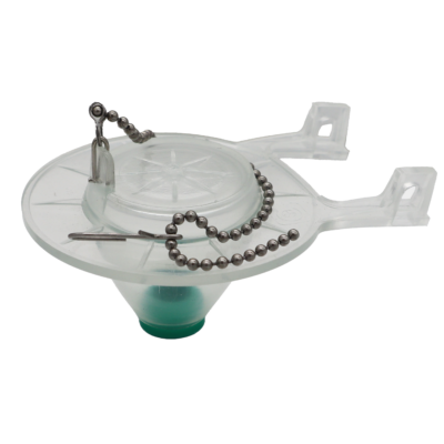 Clear vinyl rubber flapper with green time release insert and beaded chain with metal clip.